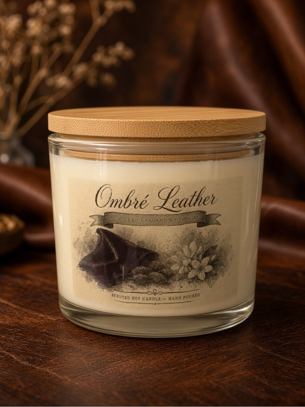 16oz Ombré Leather Soy Candle Wood Lid Hand Poured Leather Cardamom Jasmine